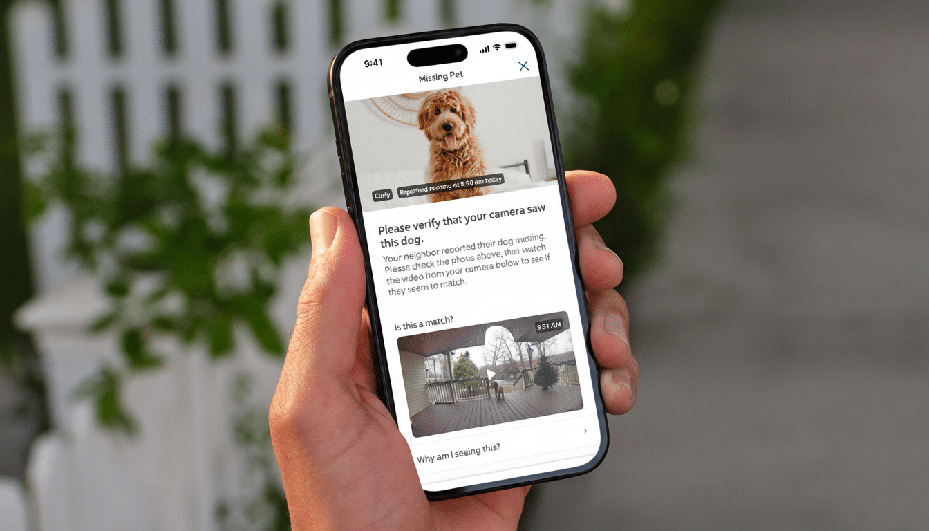 A hand holding a smartphone displaying a Missing Pet notification with a picture of a dog named Curly and a video feed from a home camera.