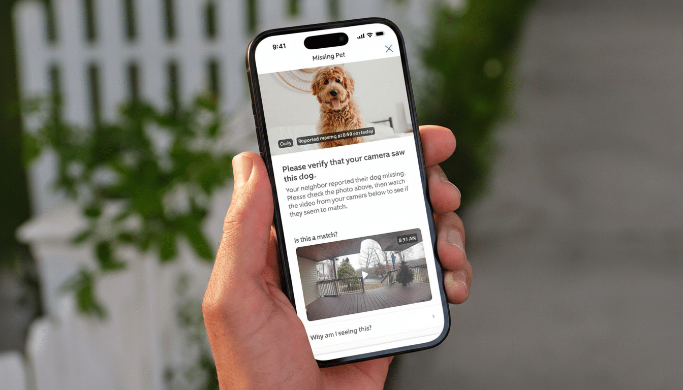 A hand holding a smartphone displaying a Missing Pet notification with an image of a dog and a video feed.