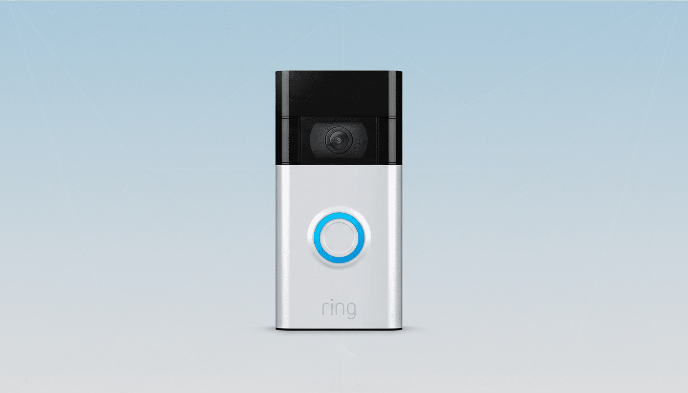 A Ring video doorbell in silver and black with a glowing blue ring button, set against a professional light blue gradient background with subtle geometric patterns.