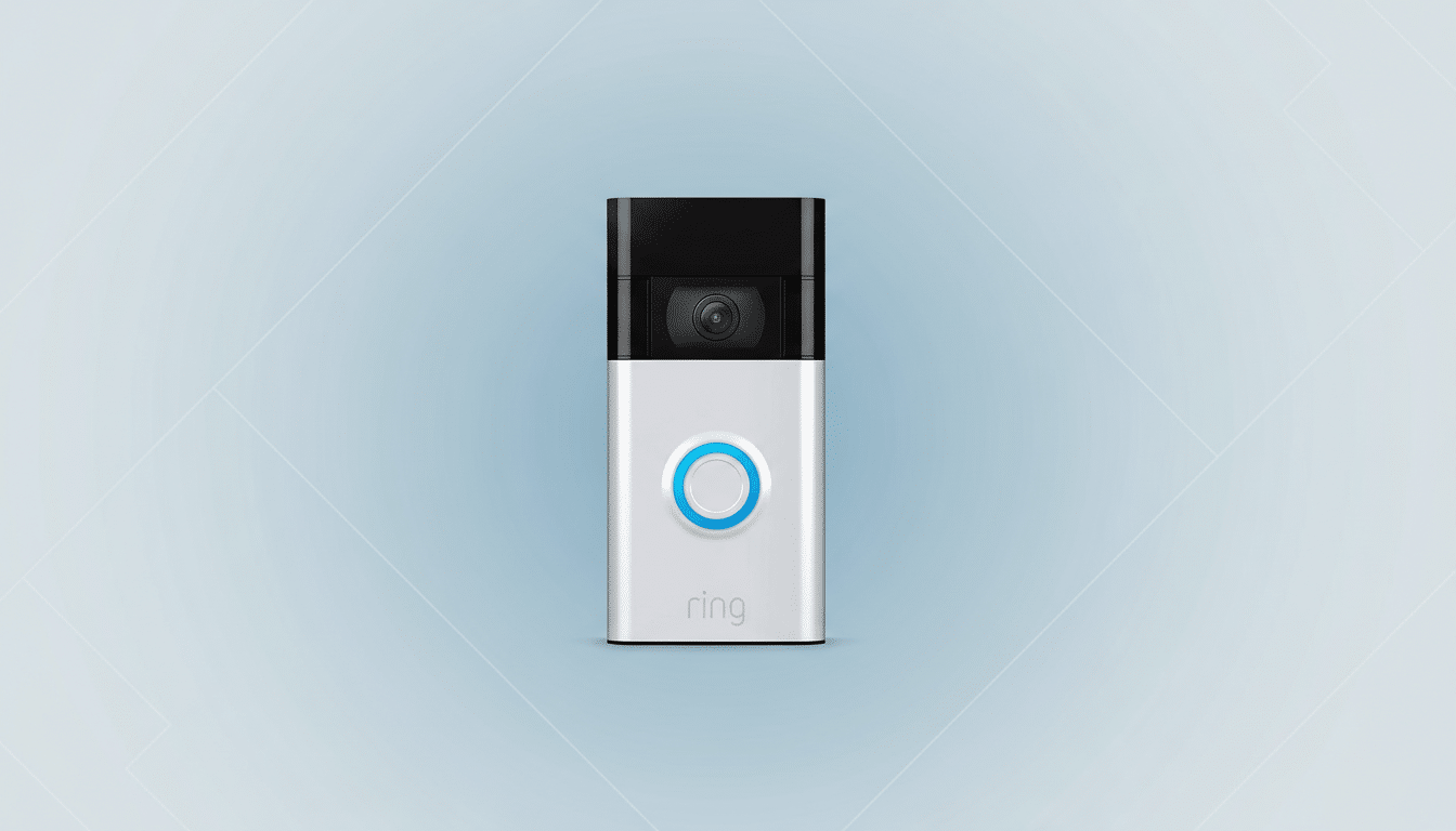A Ring video doorbell in silver and black with a glowing blue ring button, presented on a professional light blue background with subtle geometric patterns.