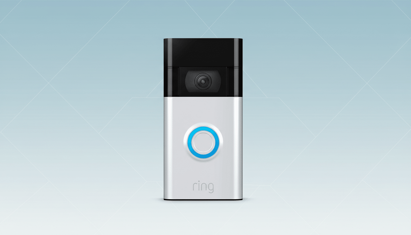 A Ring video doorbell with a silver body and black top, featuring a prominent blue illuminated ring button, set against a professional light blue gradient background with subtle geometric patterns.