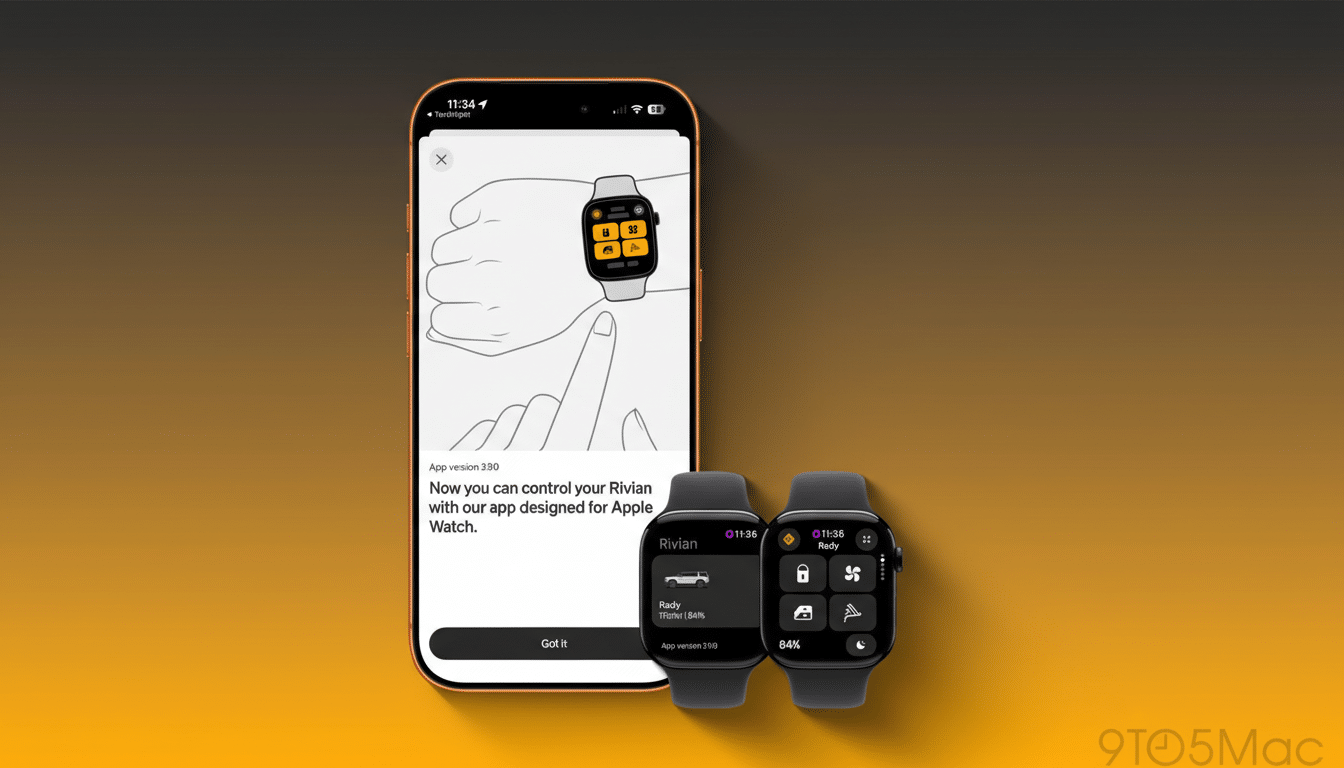 A smartphone displaying an app notification about controlling a Rivian with an Apple Watch app, positioned next to two Apple Watches showing the Rivian app interface.