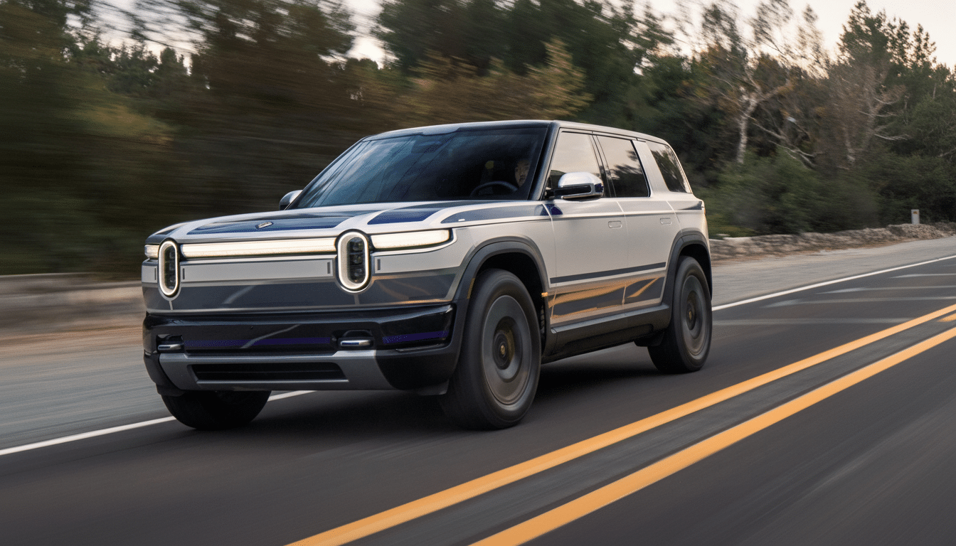 A white and blue Rivian R1S electric SUV driving on a road with trees in the background, resized to a 16:9 aspect ratio.