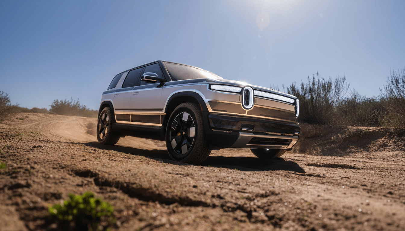 A silver and black Rivian R1S electric SUV driving on a dirt road under a clear sky.