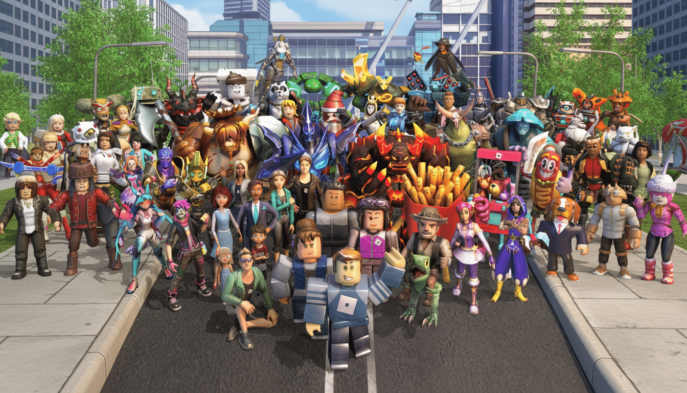 A large group of diverse Roblox avatars, including human-like characters and fantastical creatures, standing on a street with buildings and trees in the background.