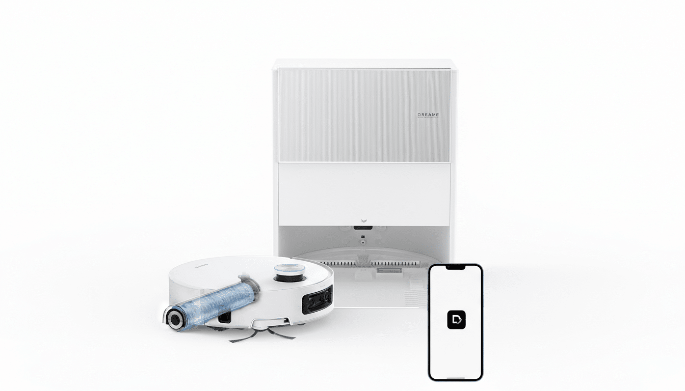 A white Dreame robot vacuum cleaner, its charging station, and a smartphone displaying the Dreame app, all set against a clean white background.