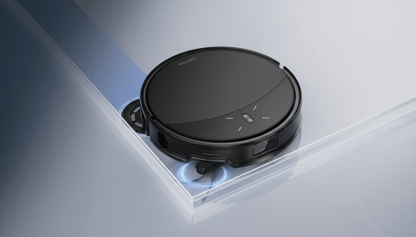 A black Roborock robot vacuum cleaner is shown from an elevated perspective, partially submerged in a clear, reflective surface with a blue gradient underneath.