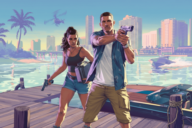 An image of two characters from Grand Theft Auto VI, a man and a woman, standing on a wooden dock with guns drawn, against a backdrop of a city skyline, water, and palm trees.