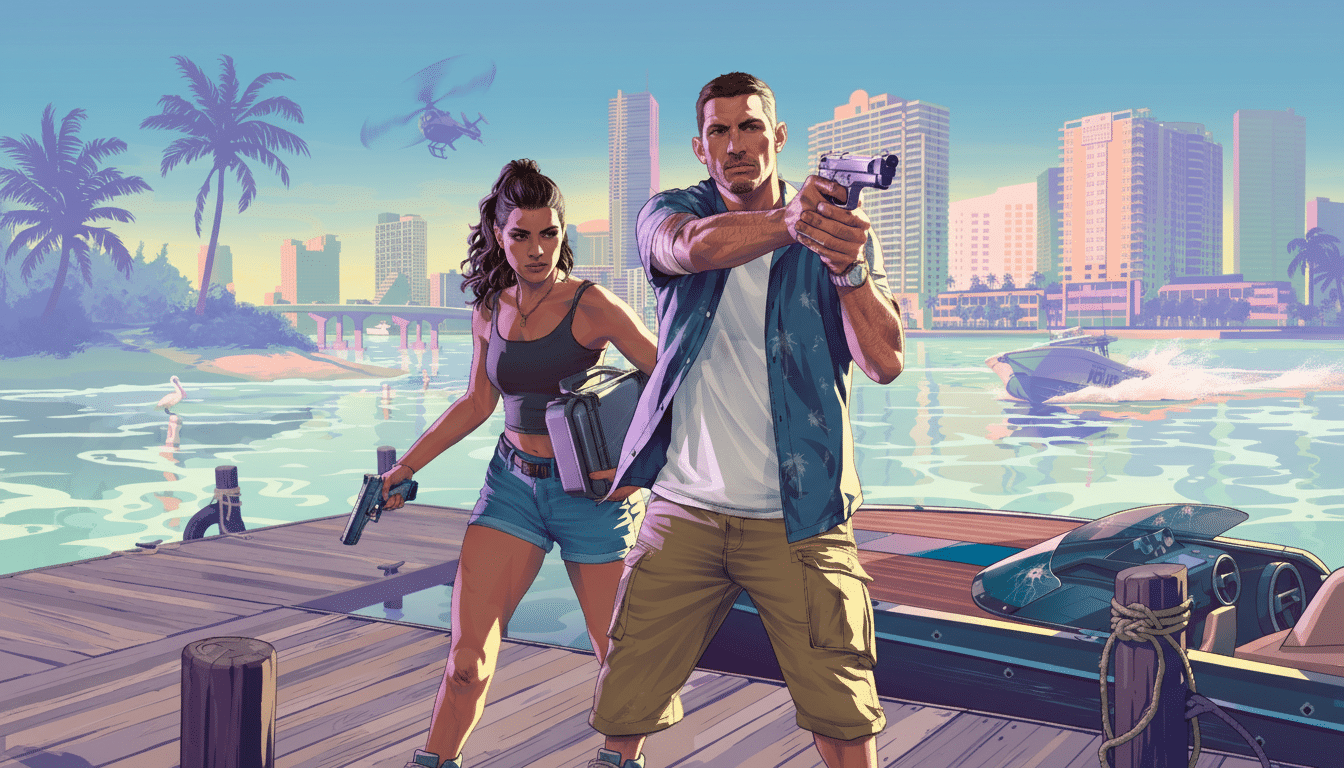 An image of two characters from Grand Theft Auto VI, a man and a woman, standing on a wooden dock with guns drawn, against a backdrop of a city skyline, water, and palm trees.
