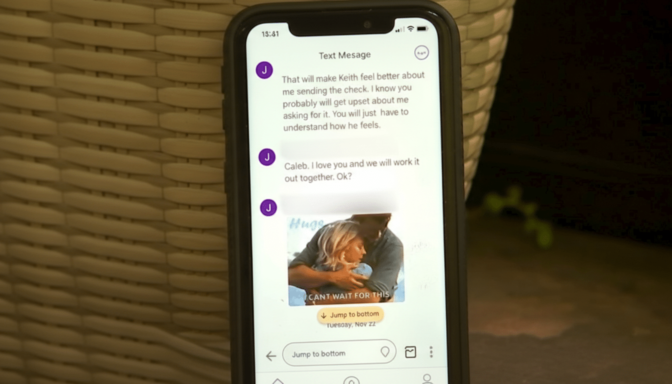 A smartphone displaying a text message conversation, with an image of a couple embracing visible within the chat.