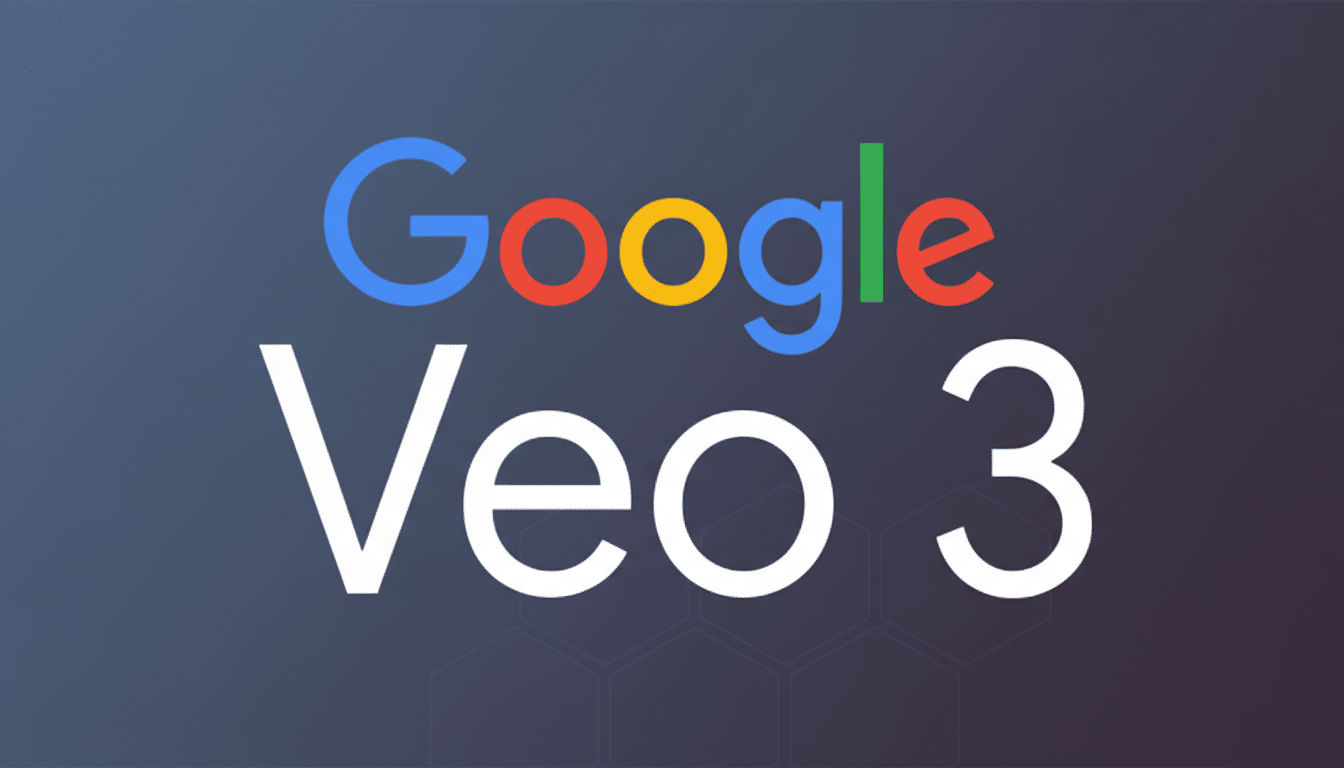 The Google Veo 3 logo is displayed on a dark blue background with a subtle hexagonal pattern.