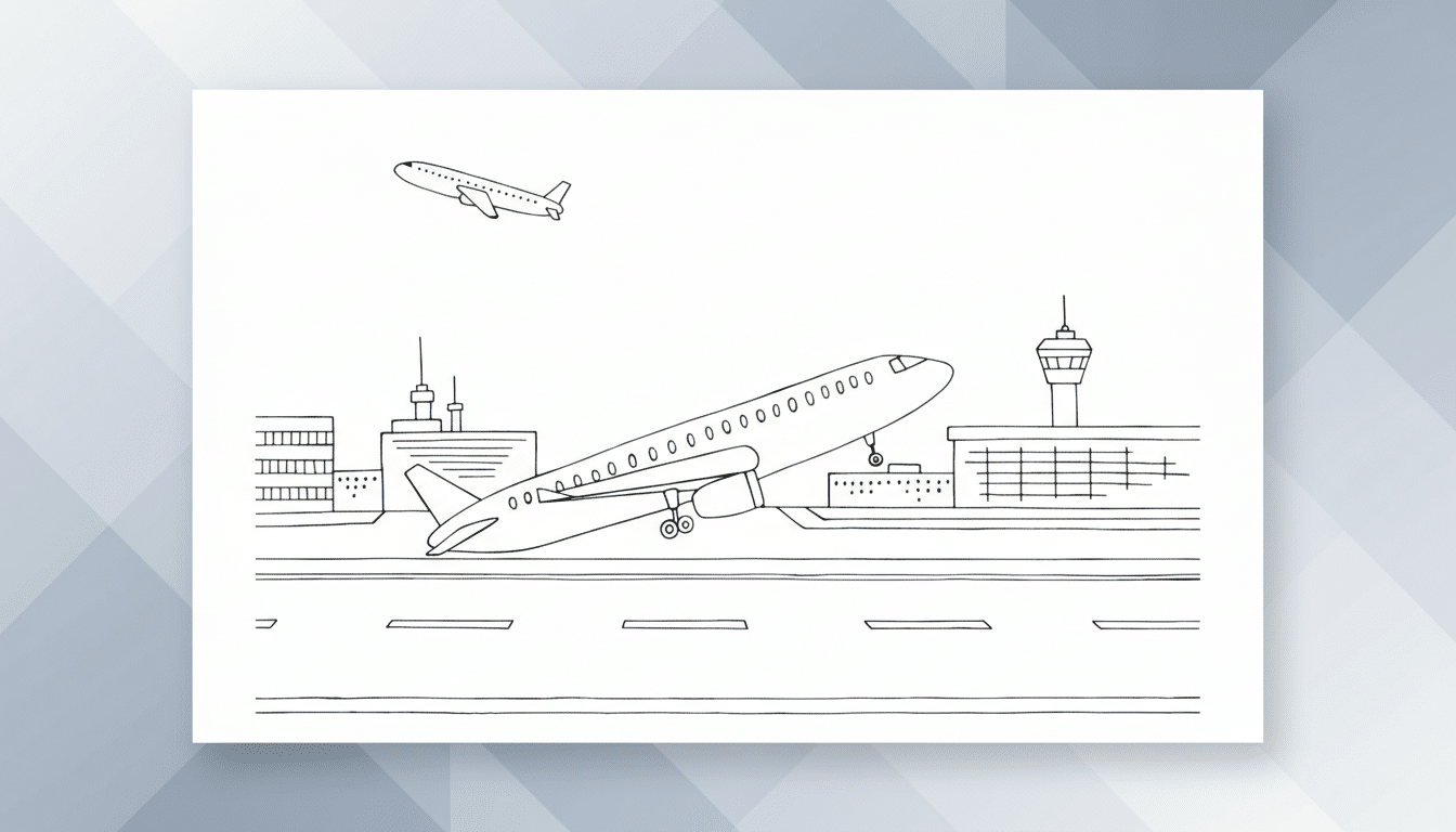 A black and white line drawing of an airport scene with an airplane taking off from a runway and another airplane flying in the sky, set against a professional flat design background with soft patterns.