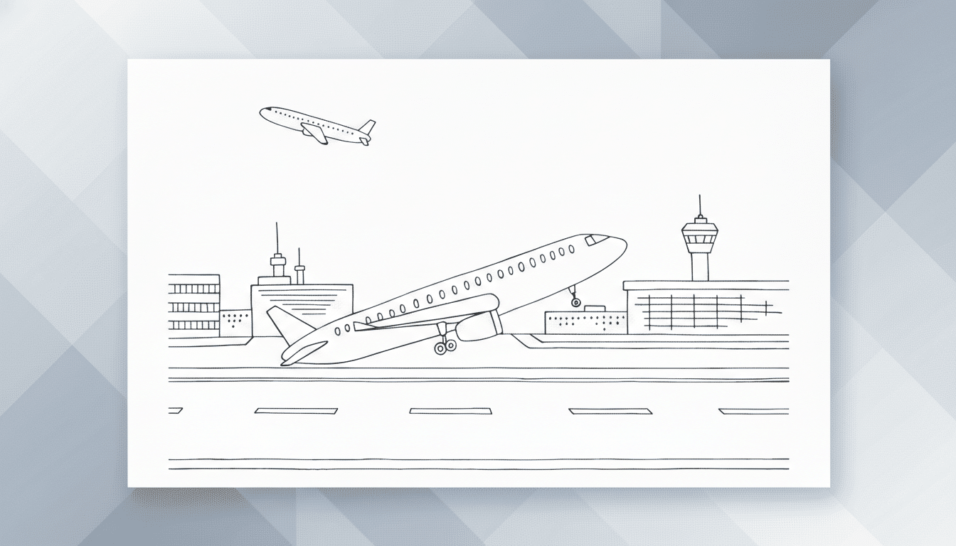 A black and white line drawing of an airport scene with an airplane taking off from a runway and another airplane flying in the sky.