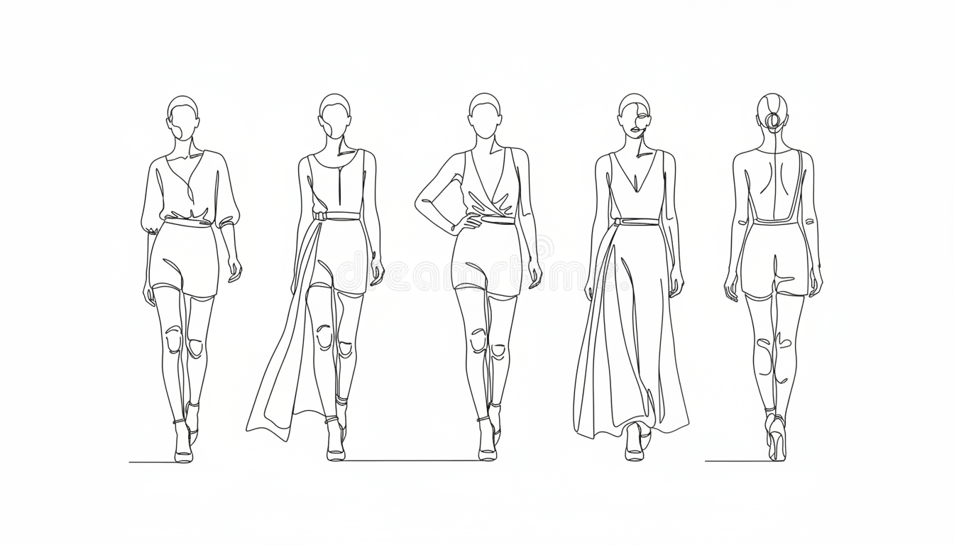 A 16:9 aspect ratio image featuring five minimalist line art drawings of female fashion models on a white background.