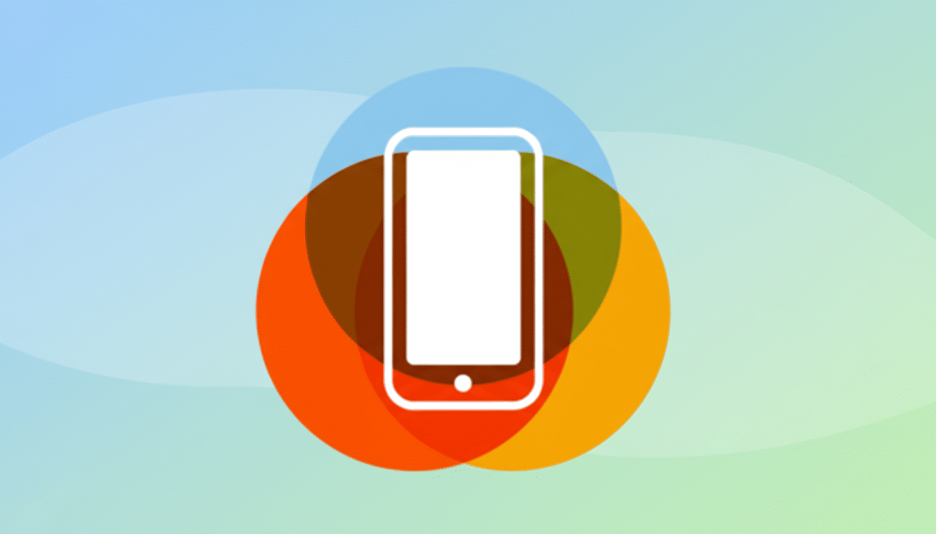A white smartphone icon centered on a background of overlapping translucent circles in blue, brown, and orange, set against a professional flat design background with soft blue and green gradients and subtle wave patterns.