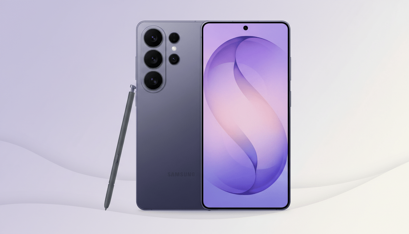 A purple Samsung smartphone with a stylus, presented on a professional flat design background with soft patterns and gradients.
