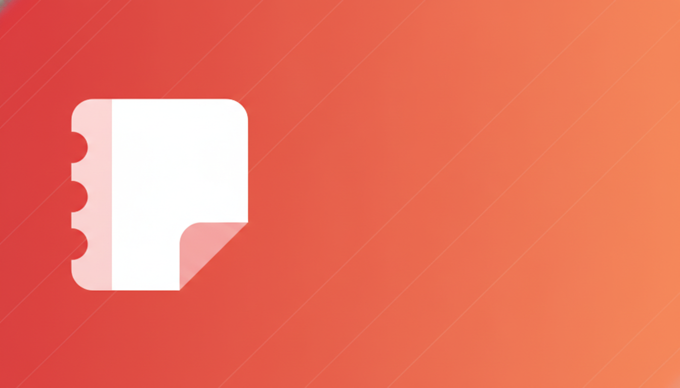 A white notepad icon with a curled page corner and three punched holes on the left, set against a professional 16:9 aspect ratio background with a red to orange gradient and subtle diagonal line patterns.