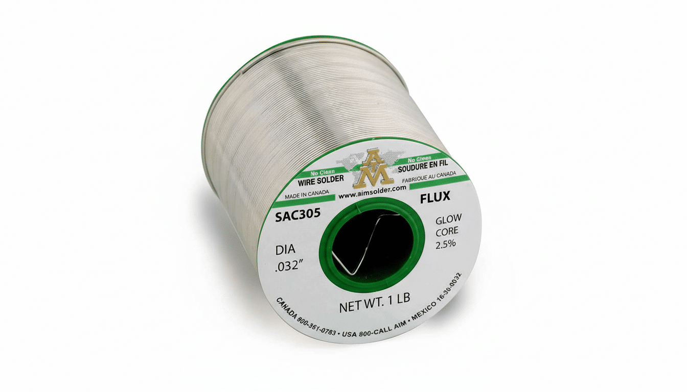 A spool of AIM SAC305 wire solder, weighing 1 lb, with a diameter of .032 inches, featuring a No Clean flux and glow core at 2.5%.