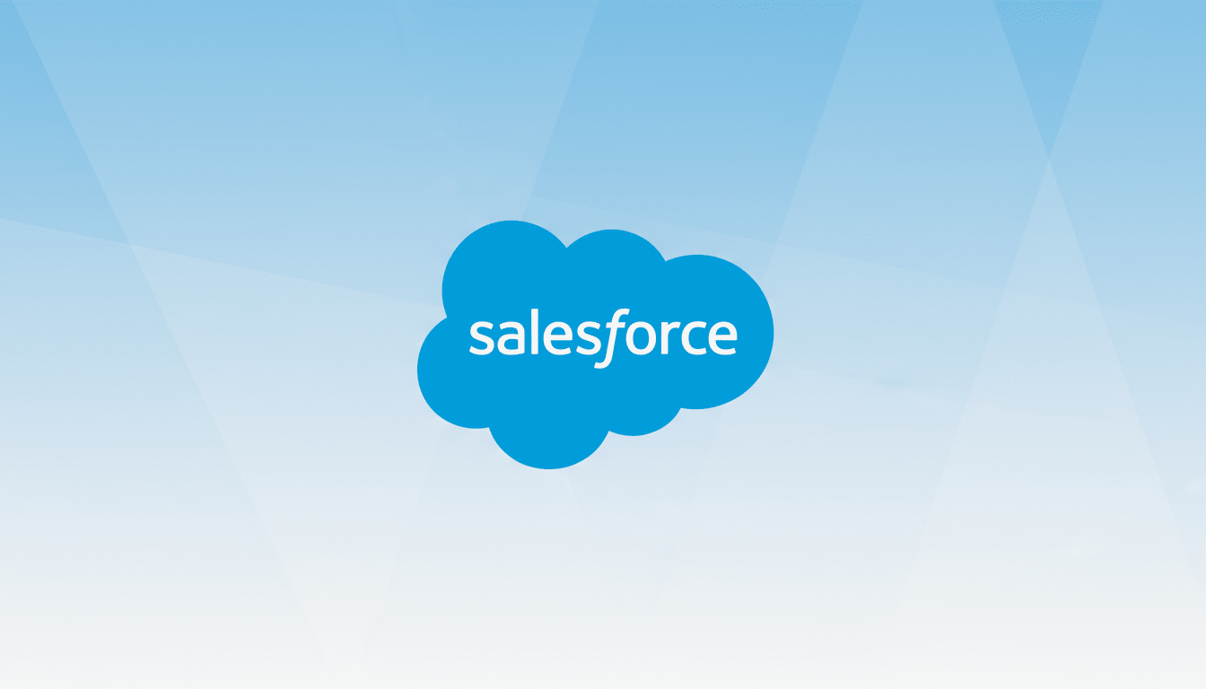 The Salesforce logo, a blue cloud with salesforce written in white, centered on a professional light blue gradient background with subtle geometric patterns.