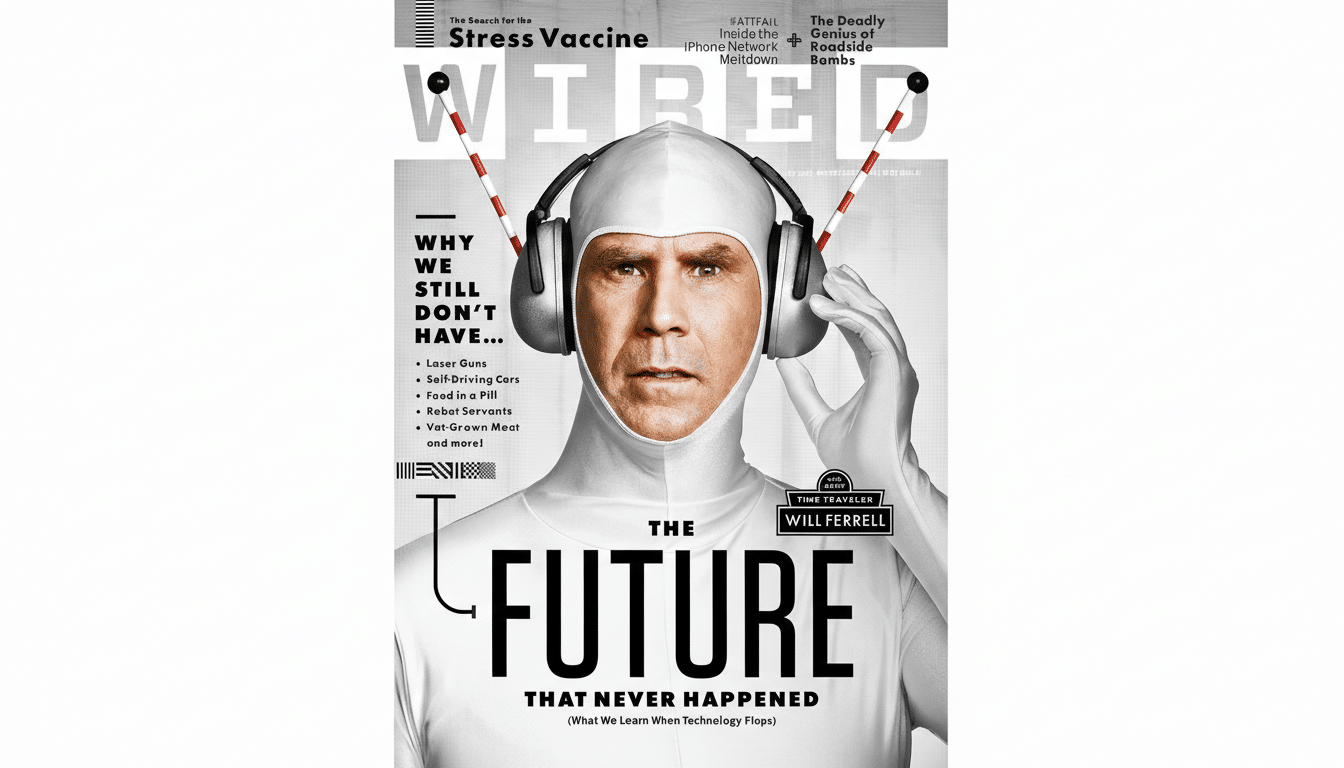 A 16:9 aspect ratio image of the Wired magazine cover featuring Will Ferrell in a white suit and headphones, with the original background preserved.