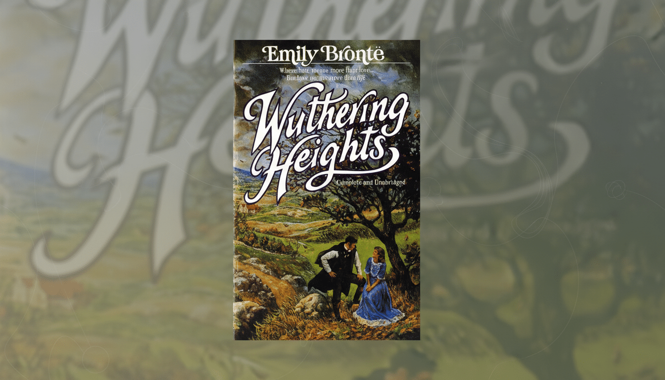 The cover of Emily Brontës Wuthering Heights centered on a professional flat design background with a subtle, faded pattern of the books title.