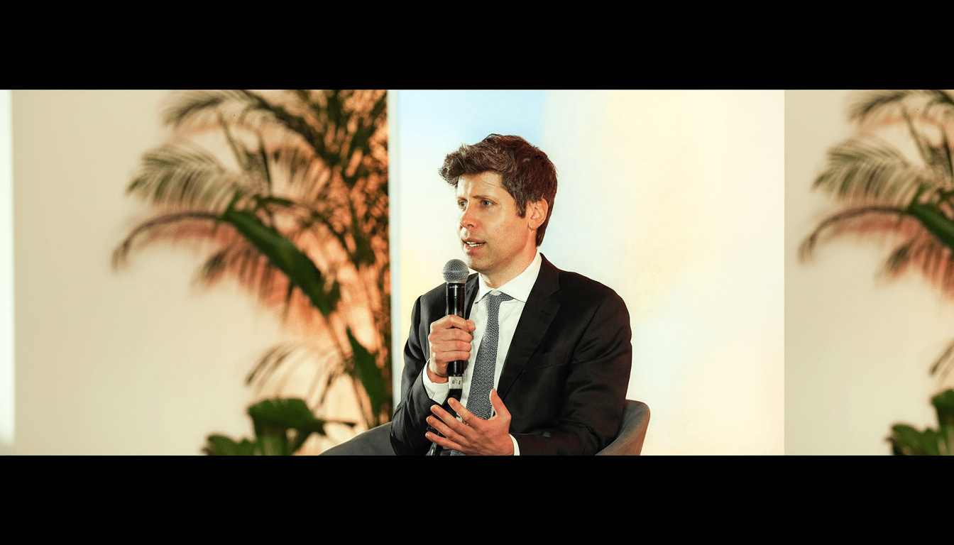 A man in a suit speaking into a microphone, with a blurred palm plant in the background.