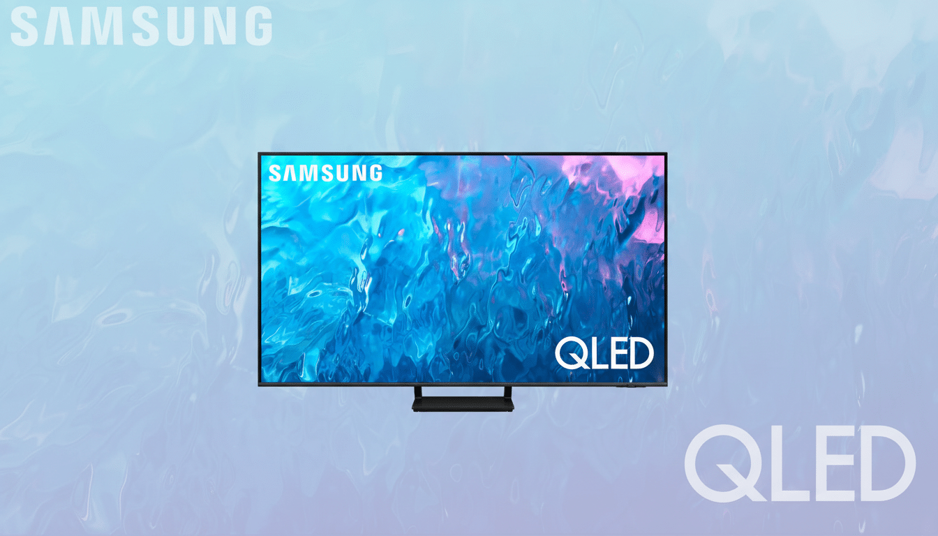 A Samsung QLED TV is centered on a professional flat design background with soft blue and purple gradients and subtle patterns. The Samsung logo is in the top left corner and QLED is in the bottom right corner, both in a light, semi-transparent font.