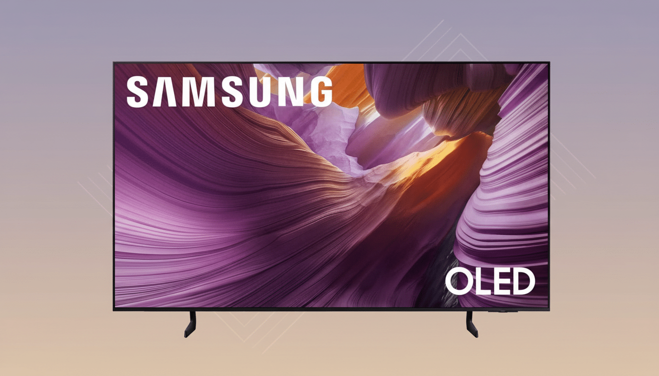 A Samsung OLED TV with a vibrant purple and orange abstract image on its screen, set against a soft gradient background with subtle geometric patterns.