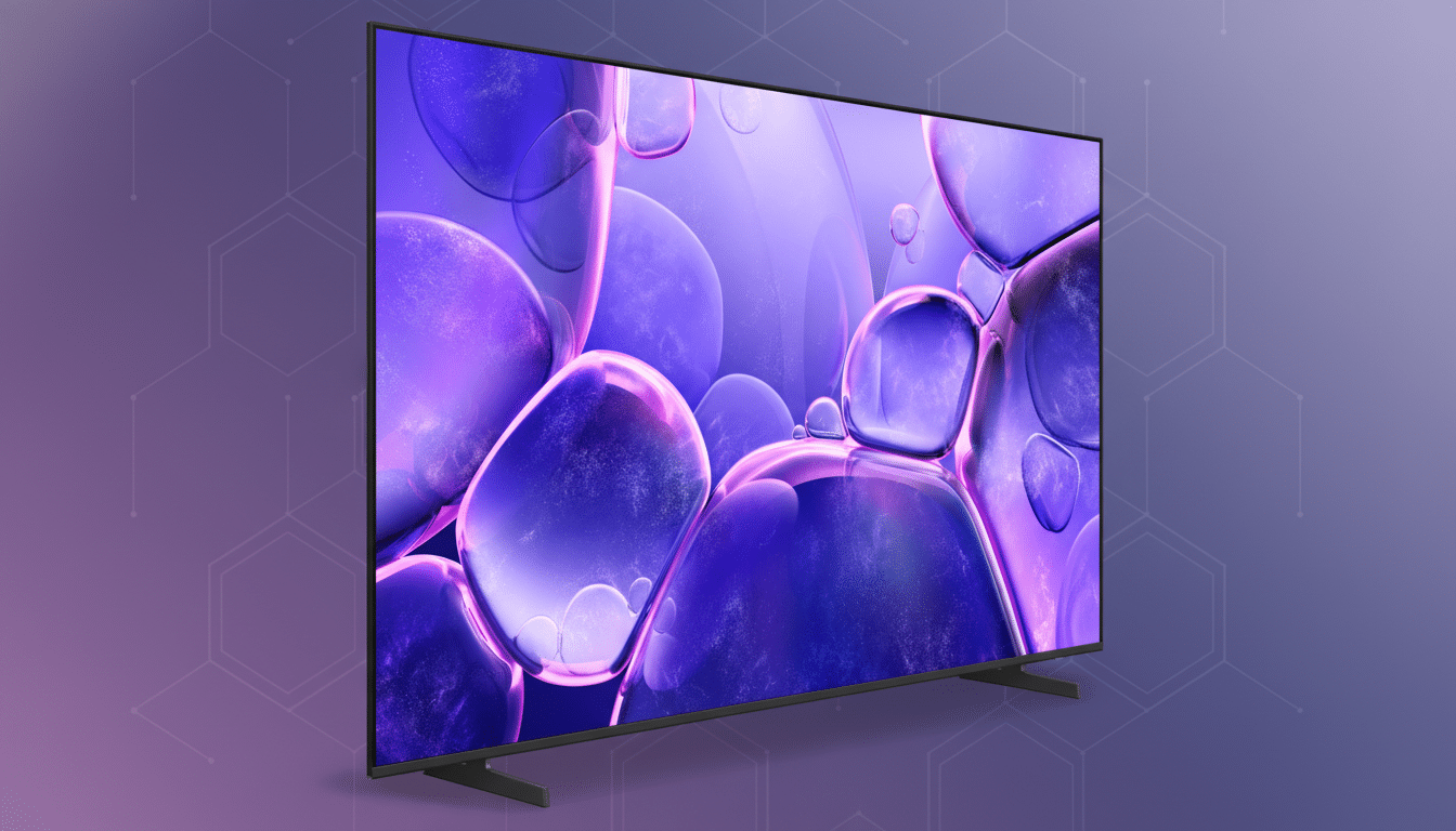 A sleek, modern television displaying a vibrant purple and blue abstract image of bubbles, set against a professional gradient background with subtle hexagonal patterns.