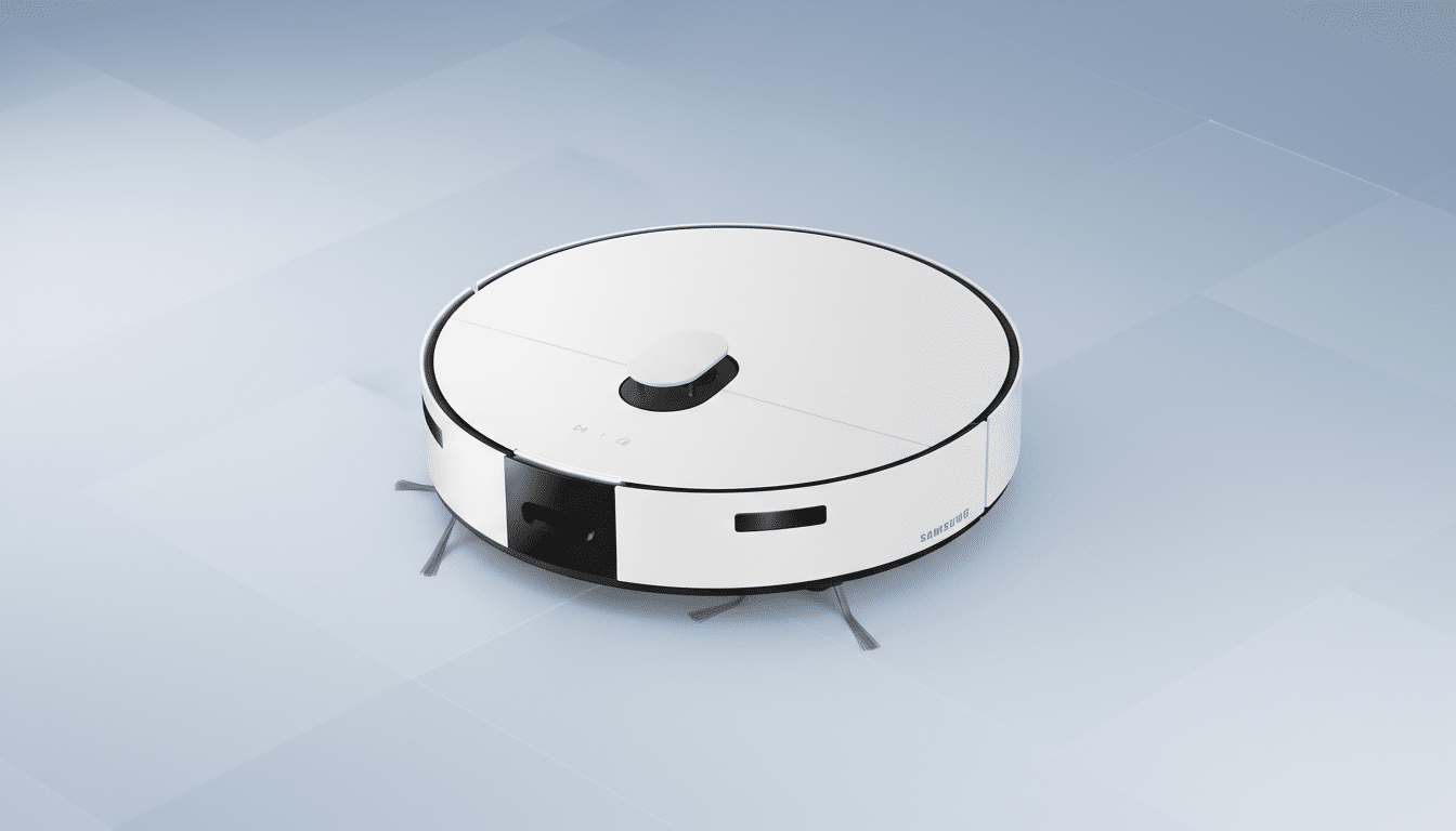 A white Samsung robot vacuum cleaner with black accents, shown on a professional flat design background with soft blue and white patterns.