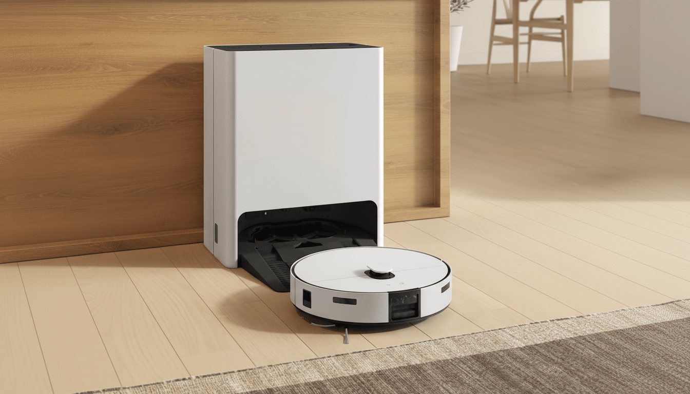 A white robotic vacuum cleaner docked with its tall, white self-emptying station on a light wooden floor with a rug.