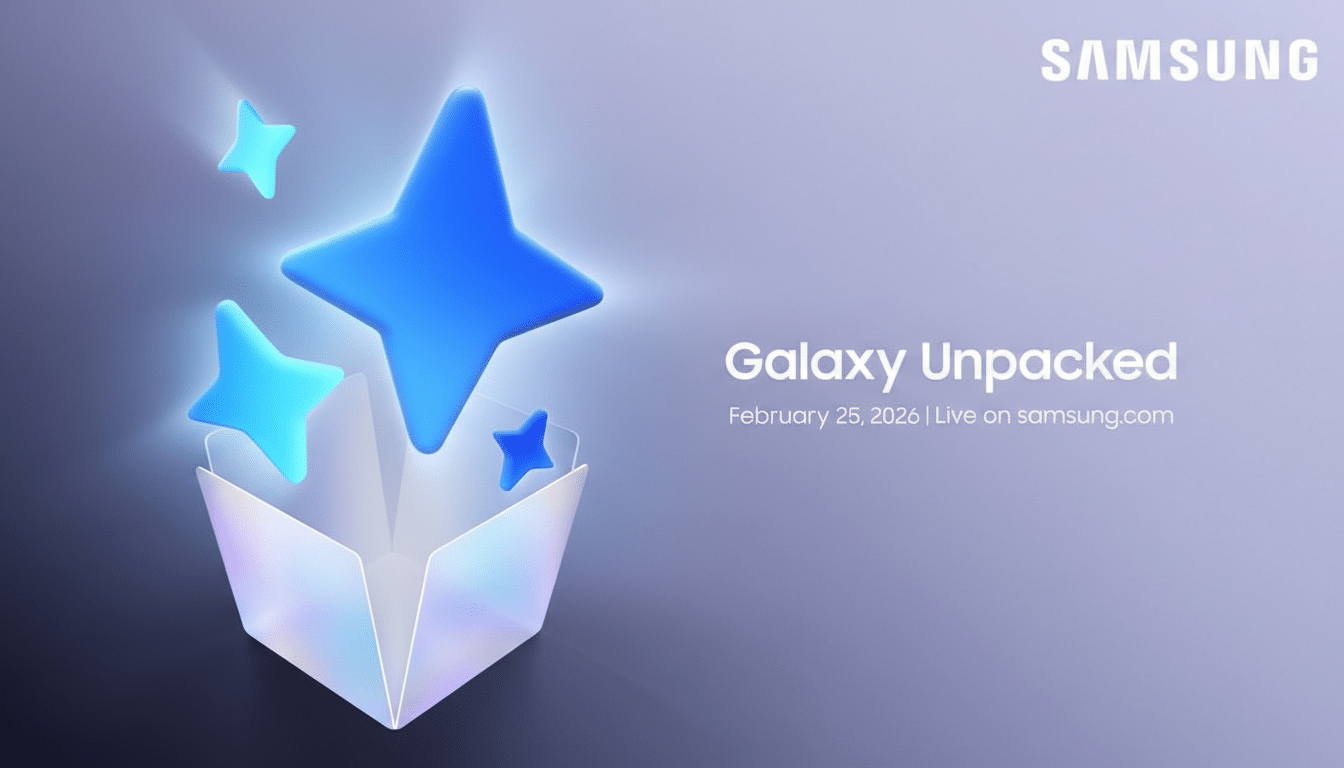 A promotional image for Samsung Galaxy Unpacked, featuring a glowing open box with blue stars emerging from it, set against a gradient background.