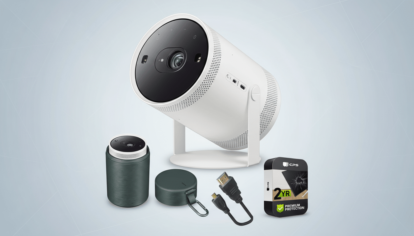 A white Samsung Freestyle projector, a green portable speaker, a green carrying case, an HDMI cable, and a box for 2-year premium protection, all arranged on a professional light gray background with subtle geometric patterns.