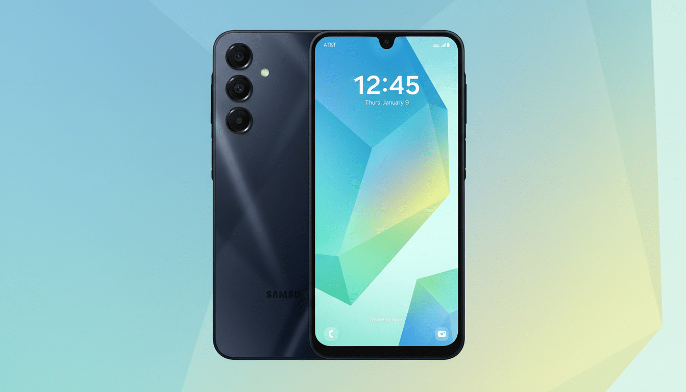 A dark blue Samsung smartphone, showing both its front screen displaying the time and date, and its back with a triple camera setup, presented on a professional flat design background with soft blue and yellow gradients.