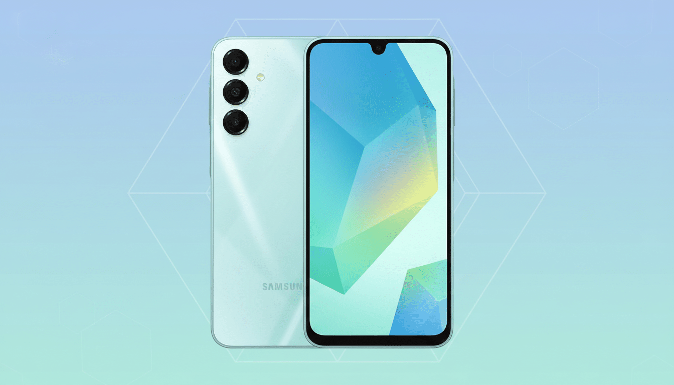 A light green Samsung smartphone, shown from the front and back, against a professional flat design background with soft patterns and gradients.