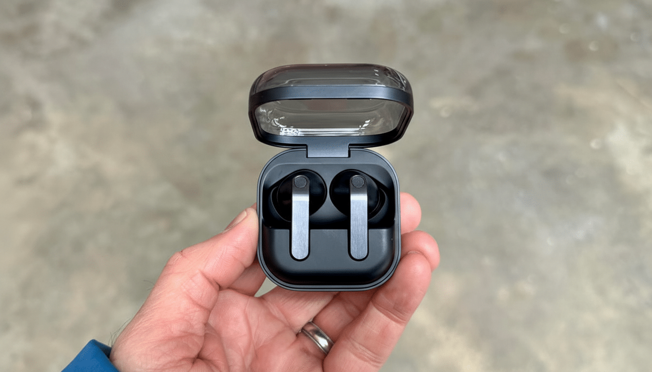 A hand holding an open black charging case with two black wireless earbuds inside, set against a blurred concrete background.