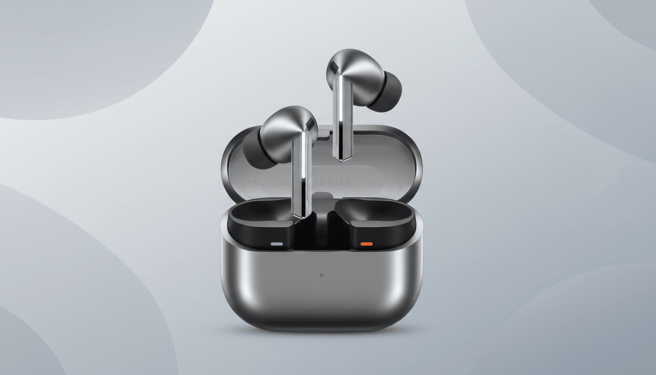 A pair of silver wireless earbuds in their open charging case, presented on a professional flat design background with soft gray patterns.