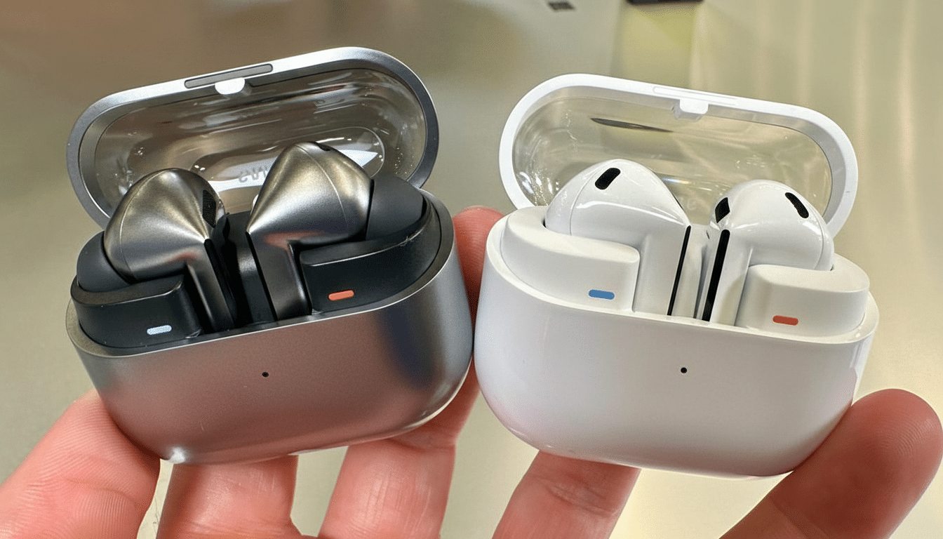 A hand holding two open earbud cases, one silver with dark grey earbuds and the other white with white earbuds.