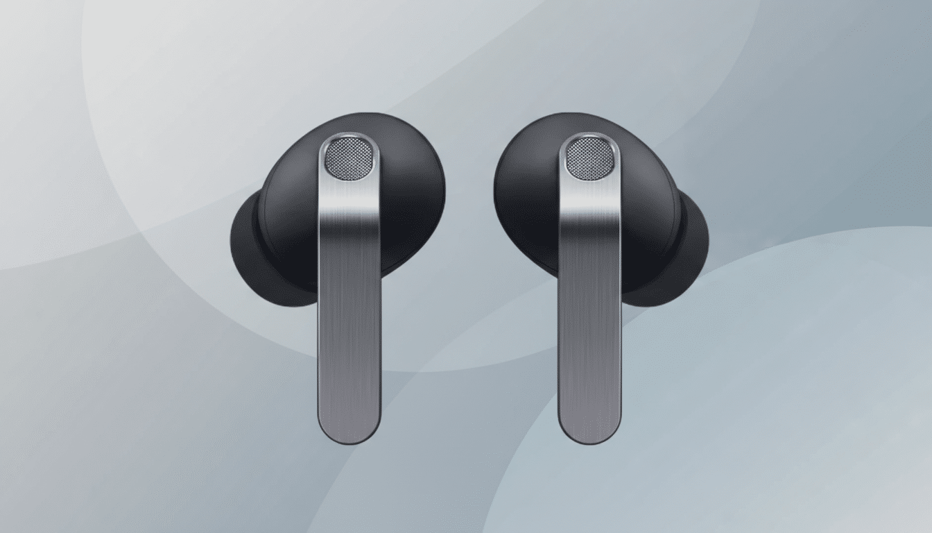 A pair of black and silver wireless earbuds with a professional flat design background featuring soft patterns and gradients.
