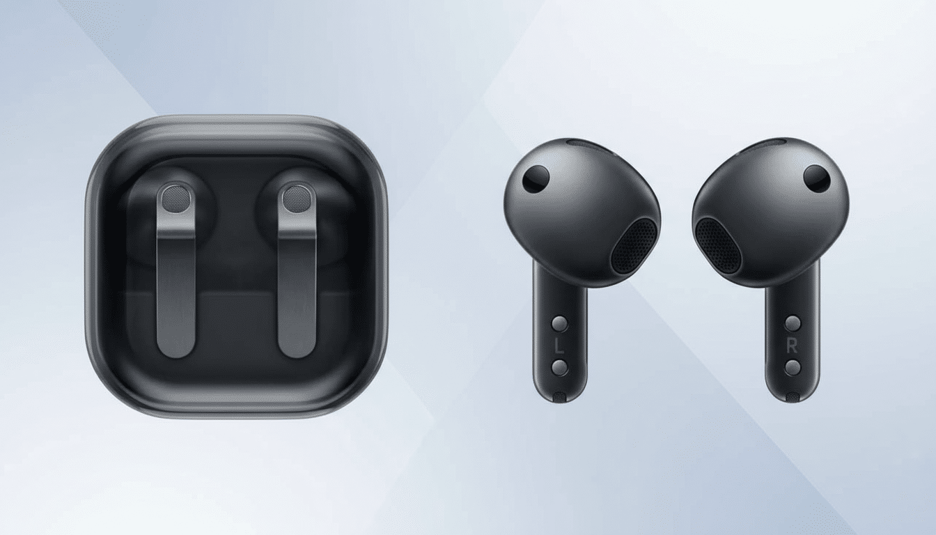 A pair of black wireless earbuds and their charging case, presented on a professional flat design background with soft gradients.