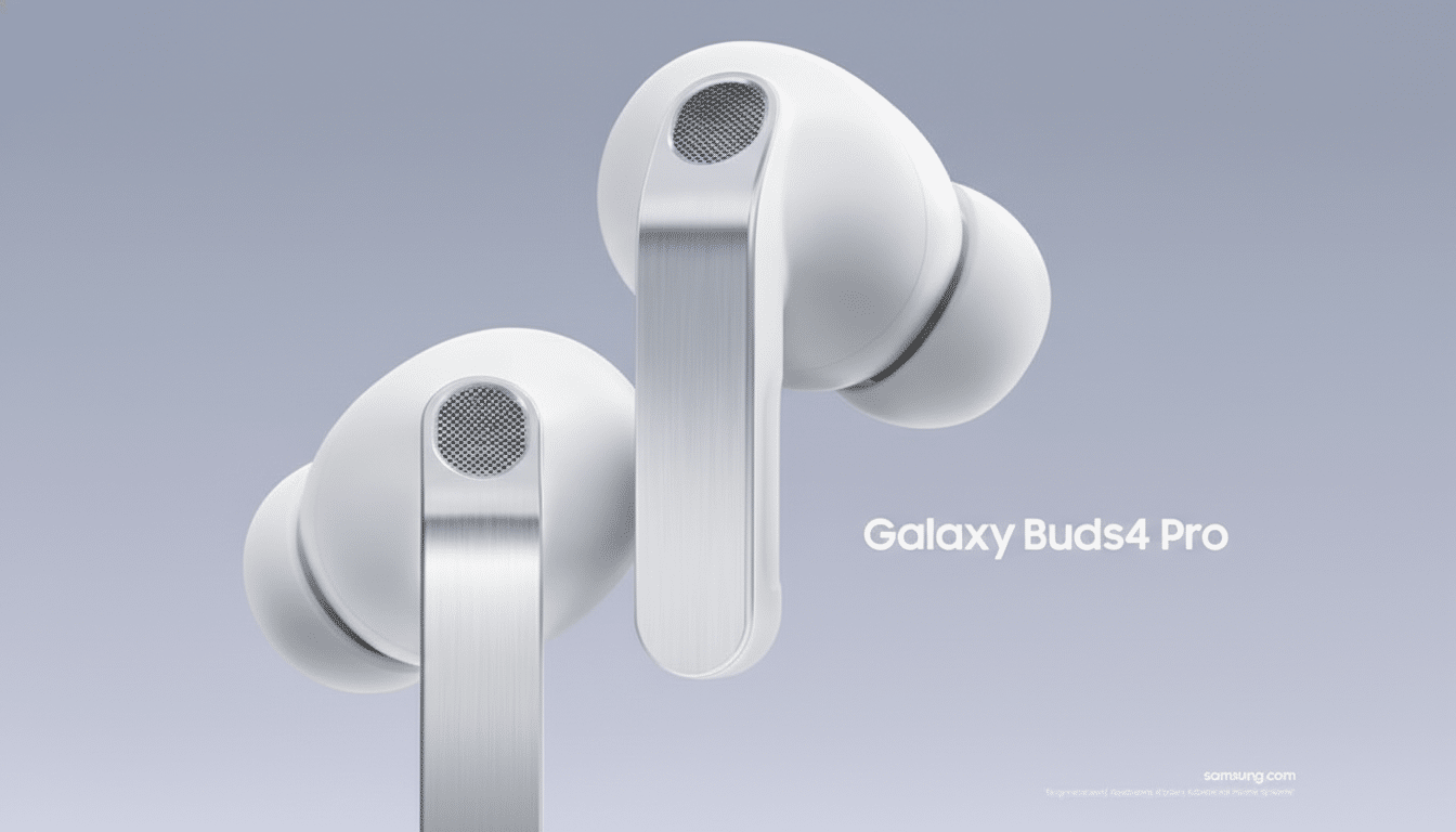 A pair of white Samsung Galaxy Buds4 Pro earbuds with silver accents, presented on a soft, light purple gradient background.