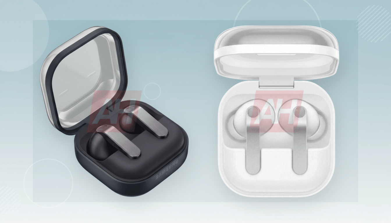 Two pairs of wireless earbuds in their charging cases, one black and one white, presented on a professional flat design background with soft patterns and gradients.