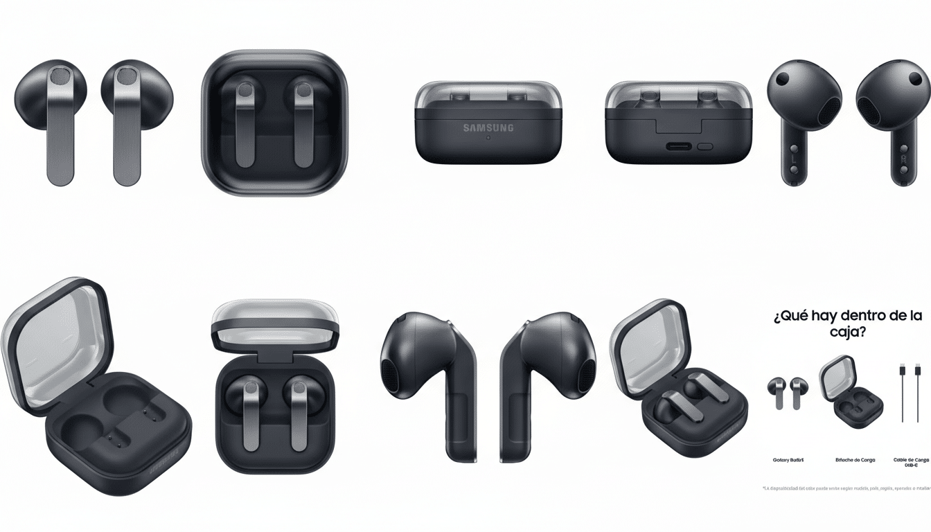 A collage of black Samsung Galaxy Buds 4 in various orientations, including close-ups of the earbuds, their charging case, and a diagram showing the contents of the box.