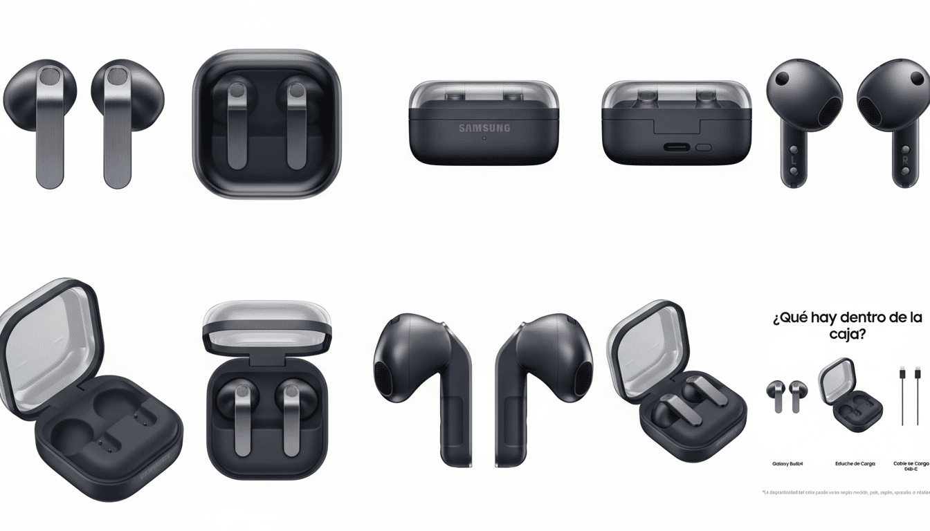 A 16:9 aspect ratio image showcasing various views of black Samsung Galaxy Buds4 earbuds and their charging case, along with an infographic of whats included in the box.