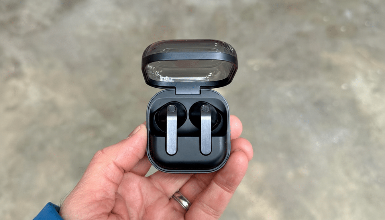 A hand holding an open black charging case with two black and silver wireless earbuds inside, set against a concrete background.