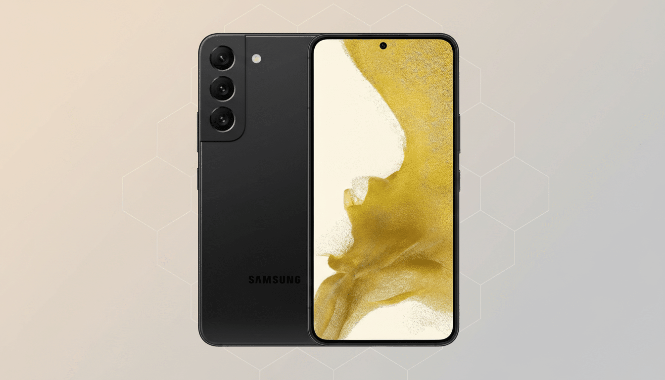 A black Samsung Galaxy S22 smartphone is displayed at a 16:9 aspect ratio on a professional flat design background with soft patterns and gradients.