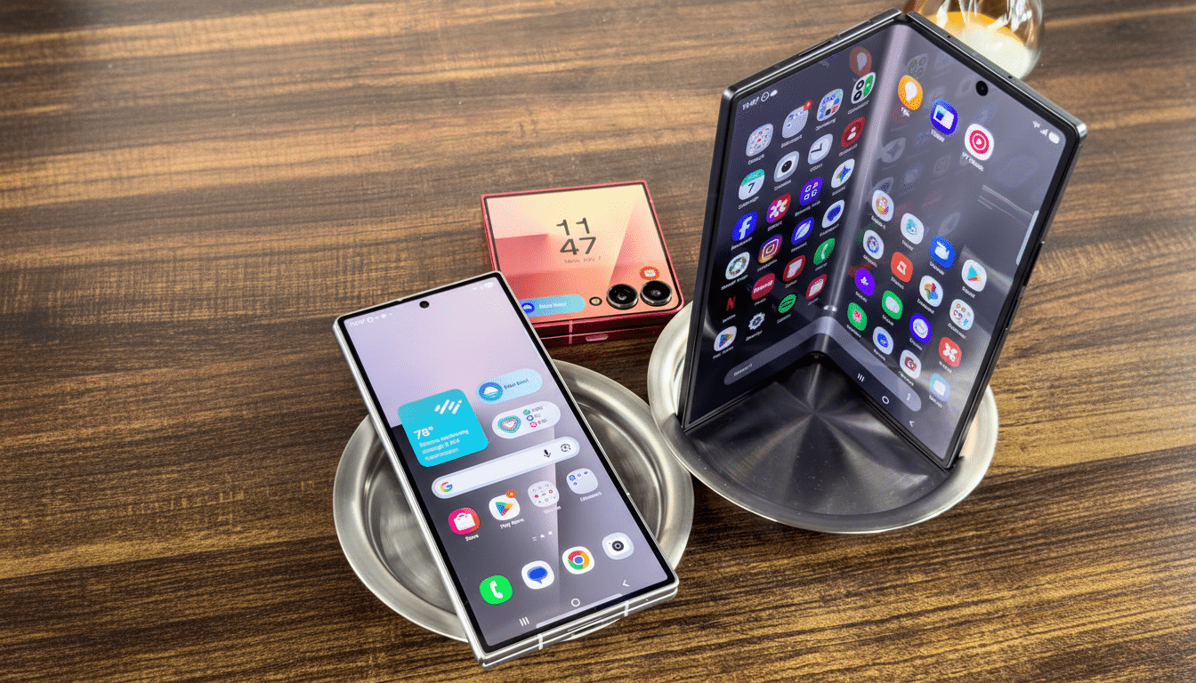 A professional shot of three modern smartphones on a wooden surface, with two in the foreground and one in the background.