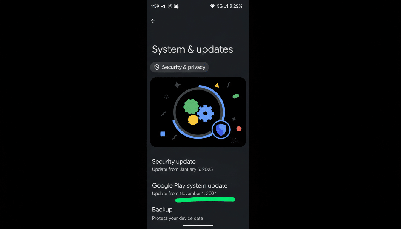 A screenshot of a phones System & updates screen, showing options for Security & privacy, Security update, Google Play system update, and Backup. The image has been resized to a 16:9 aspect ratio with black bars on the sides.