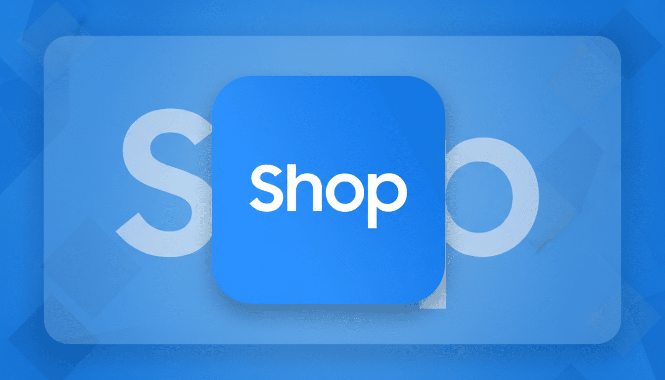 A blue square app icon with rounded corners, featuring the white word shop in the center, presented on a professional 16:9 background with a subtle blue gradient and geometric patterns.