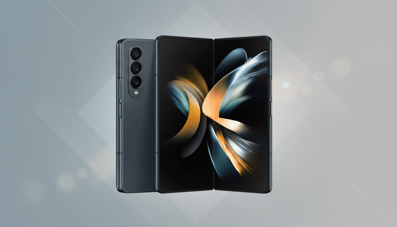 A dark gray Samsung Galaxy Z Fold 4 smartphone, with its back and folded screen visible, presented on a professional gray background with subtle geometric patterns.